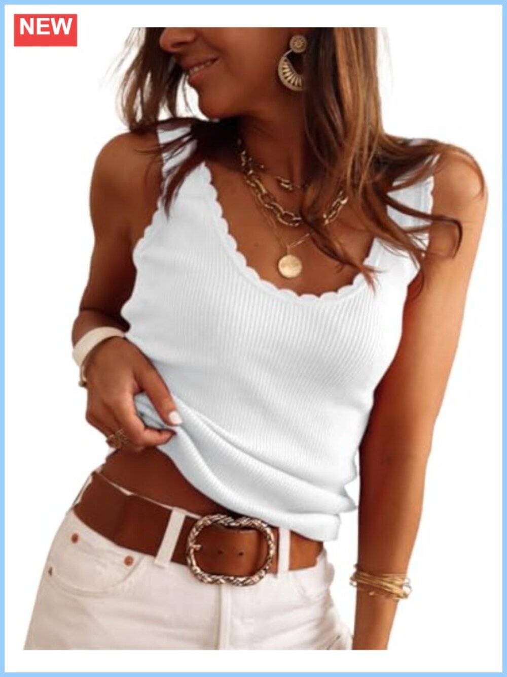 Womens V Neck Sleeveless Ribbed Knit Tank Top Scallop Edge Summer Shirt